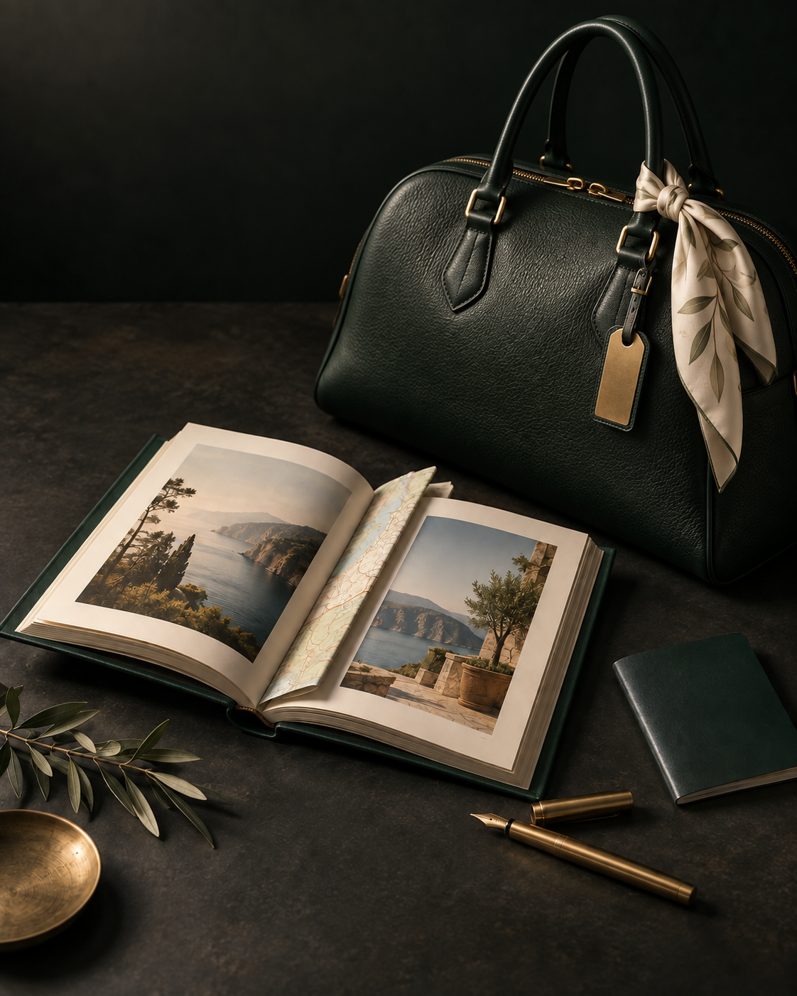 An elegant forest-green handbag with a silk scarf beside an open travel book and gold accessories